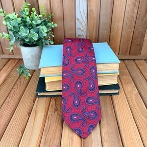 Barneys New York Red & Navy Paisley Silk Tie, Classic Designer Necktie